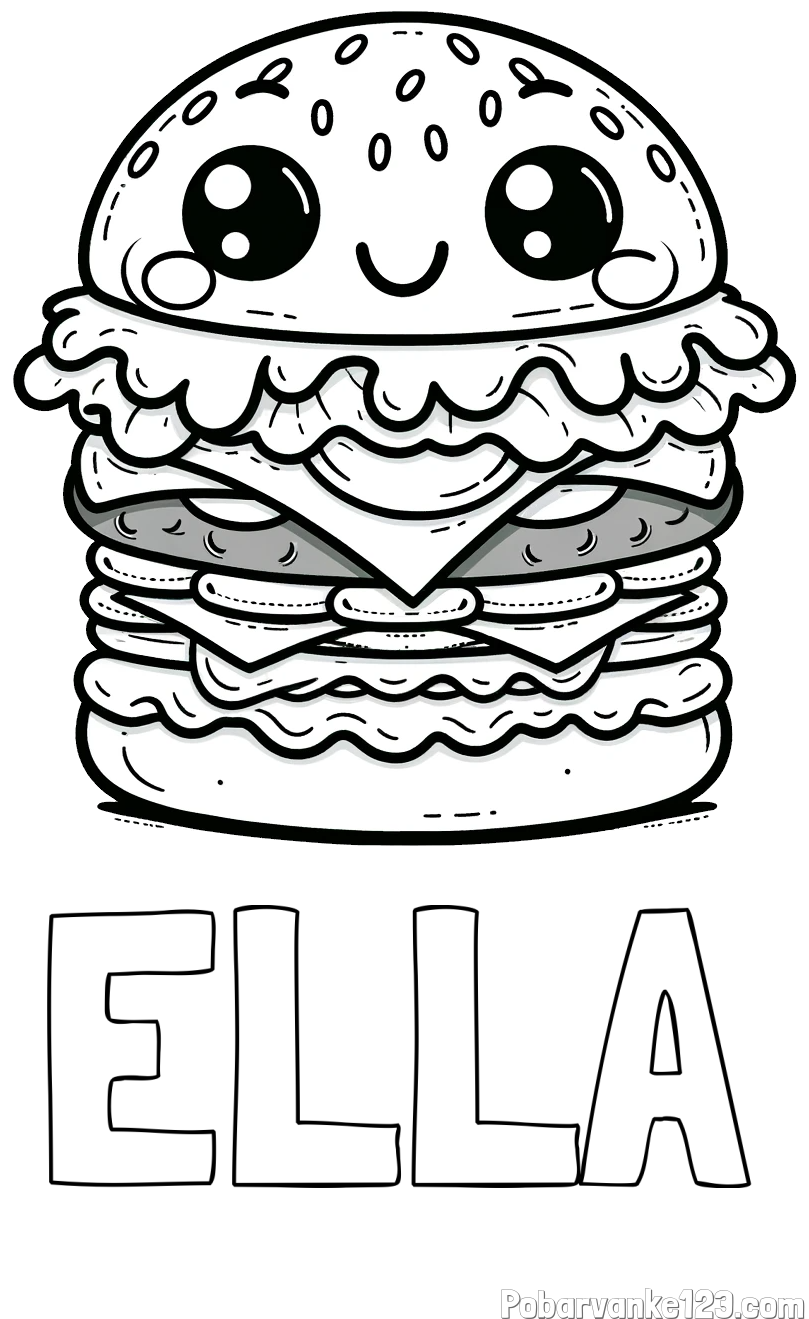 Pobarvanka imena ELLA in otroška pobarvanka nasmejanega hamburgerja
