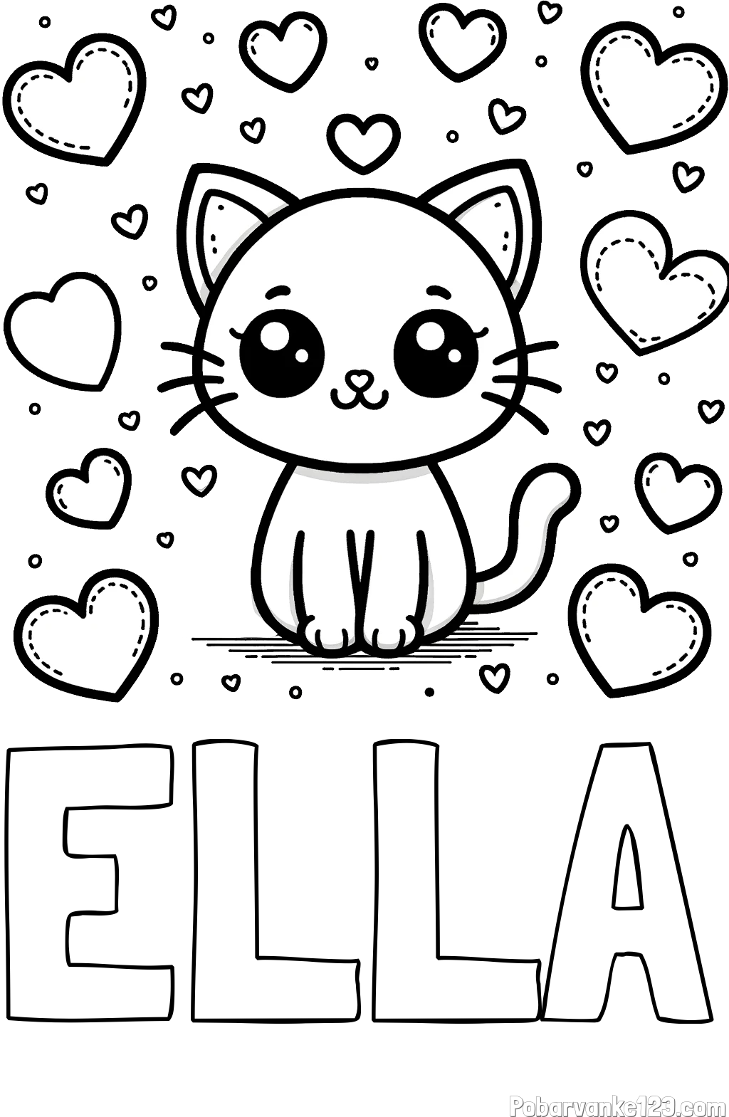 Pobarvanka imena ELLA in pobarvanka ljubke mucke obdane z veliko srčki