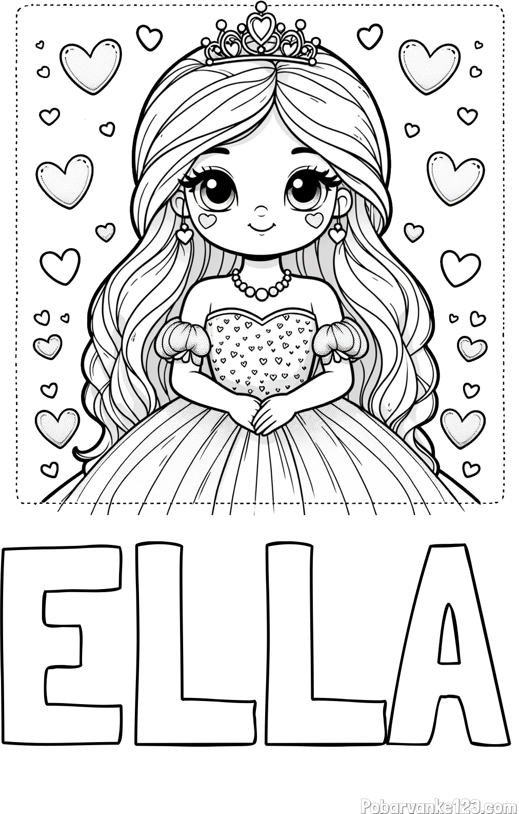 Pobarvanka imena ELLA in pobarvanka ljubke princese obdane s srčki