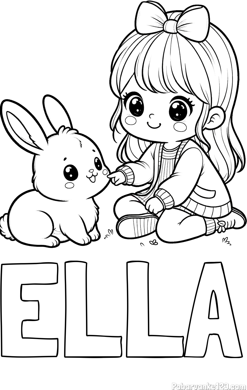Pobarvanka imena ELLA in pobarvanka ljubke punčke, ki se igra z zajčkom