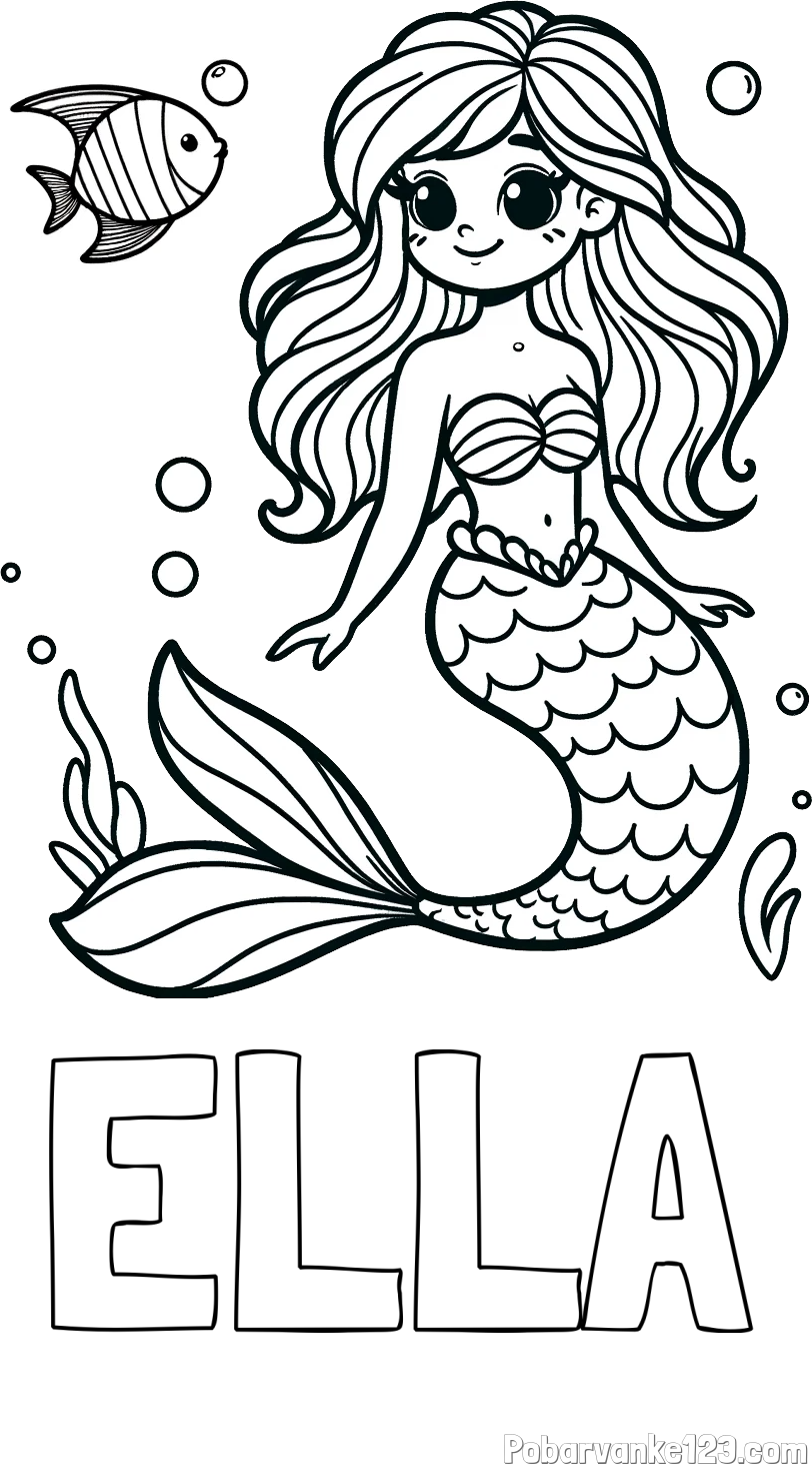 Pobarvanka imena ELLA in pobarvanka male morske deklice in ribice