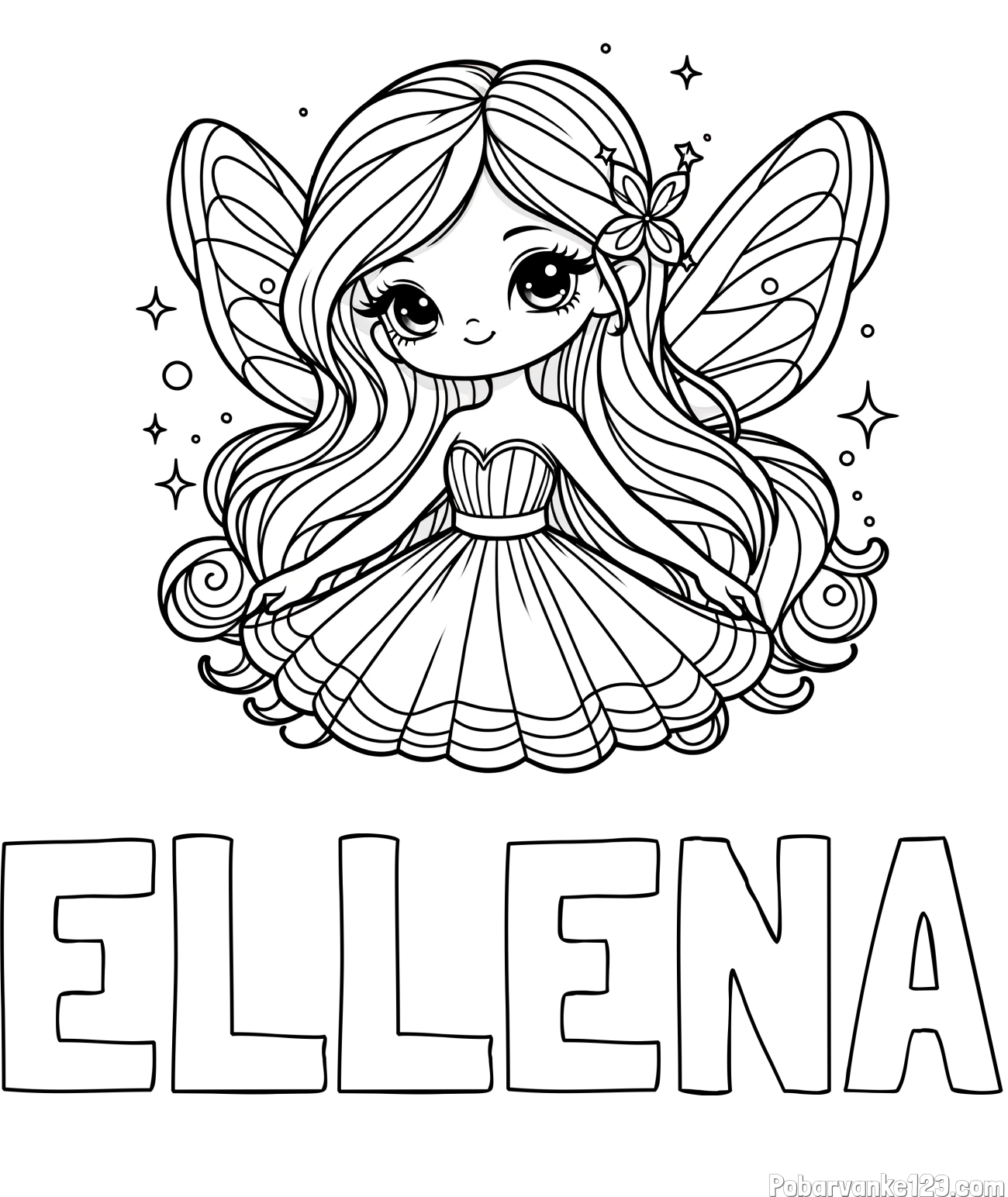 Pobarvanka imena ELLENA in pobarvanka ljubke in nasmejane čarobne vile