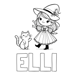 Online izdelana pobarvanka - Pobarvanka imena ELLI in pobarvanka ljubke čarovnice ter podrednega mačka