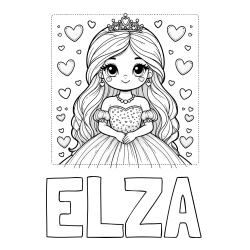 Online izdelana pobarvanka - Pobarvanka imena ELZA in pobarvanka ljubke princese obdane s srčki