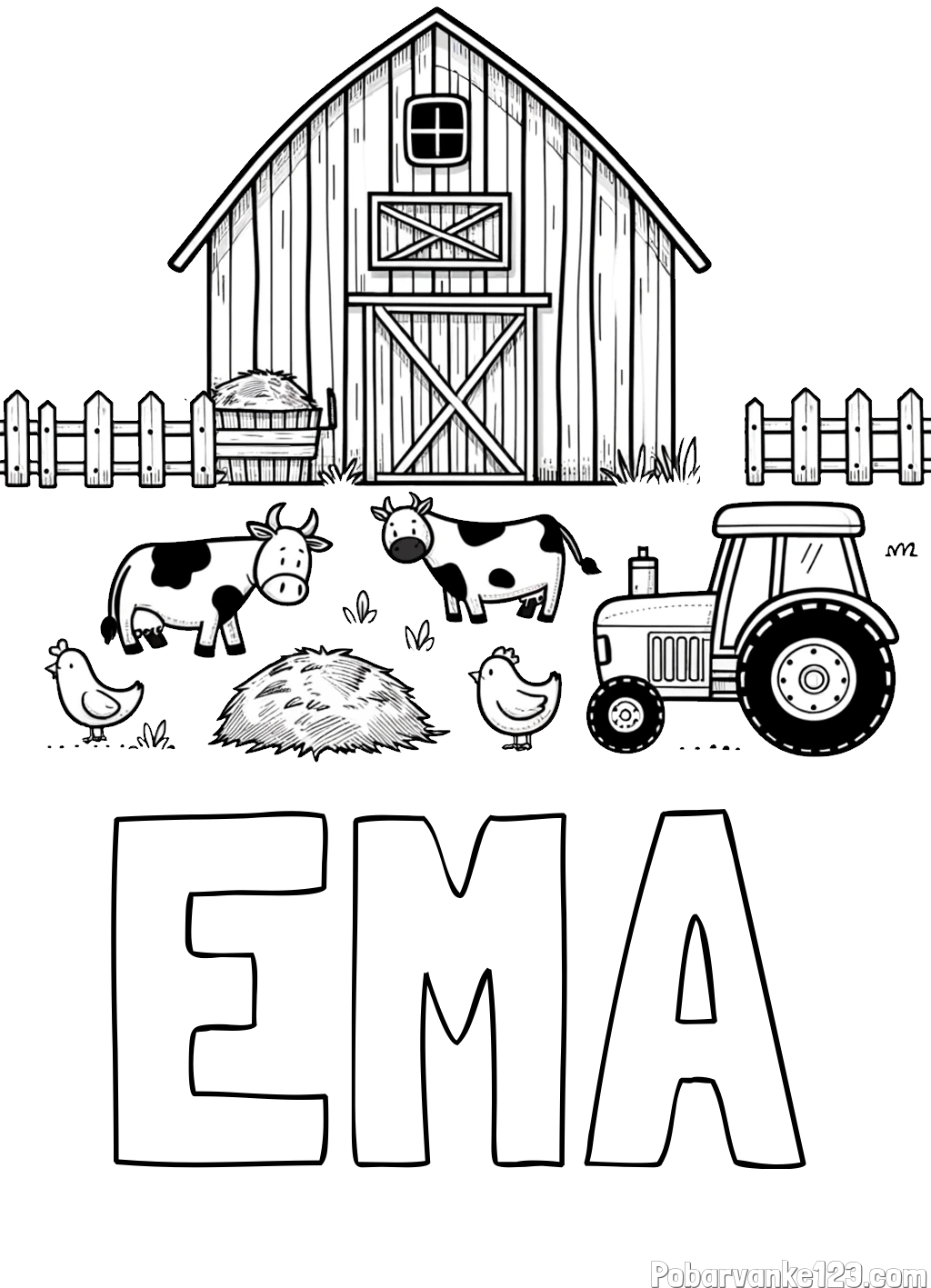 Pobarvanka imena EMA in otroška pobarvanka velikega senika, krav in traktorja
