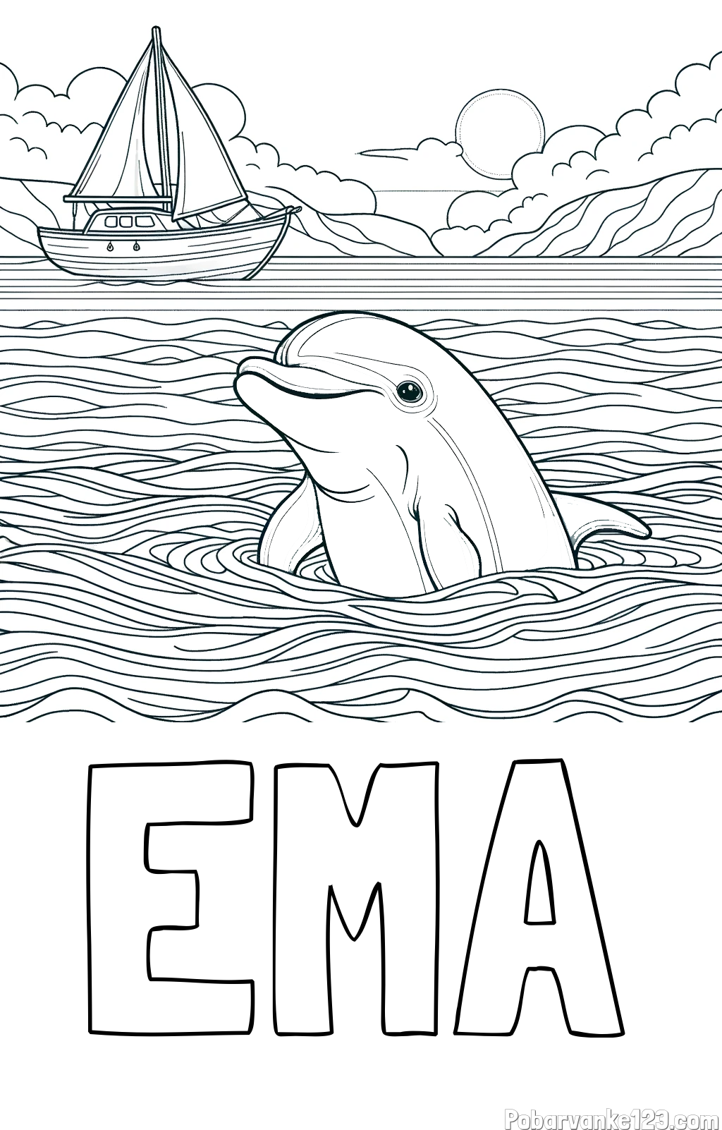 Pobarvanka imena EMA in pobarvanka delfina v morju ter jadrnice