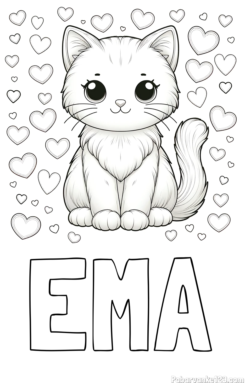 Pobarvanka imena EMA in pobarvanka ljubke mucke obdane s srčki