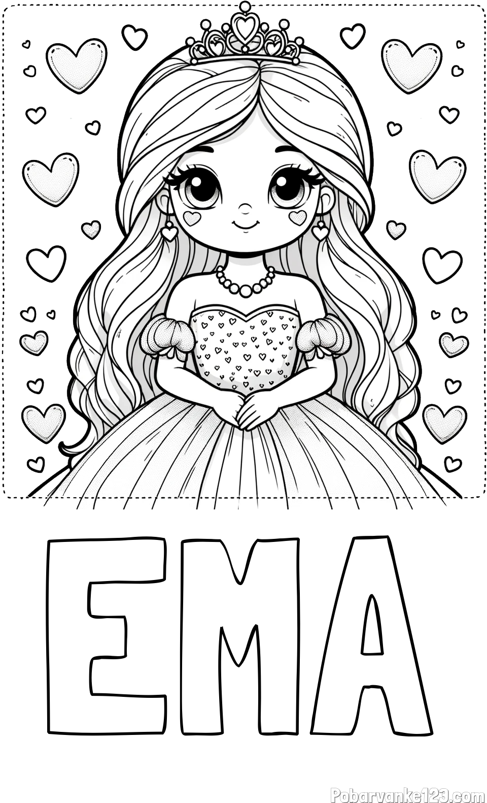 Pobarvanka imena EMA in pobarvanka ljubke princese obdane s srčki