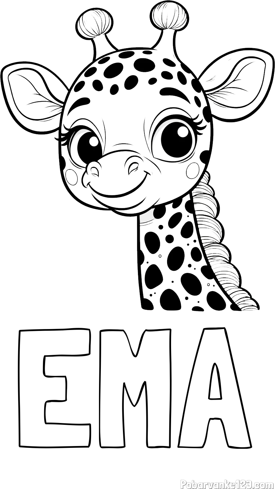 Pobarvanka imena EMA in pobarvanka ljubke žirafe z velikimi očmi