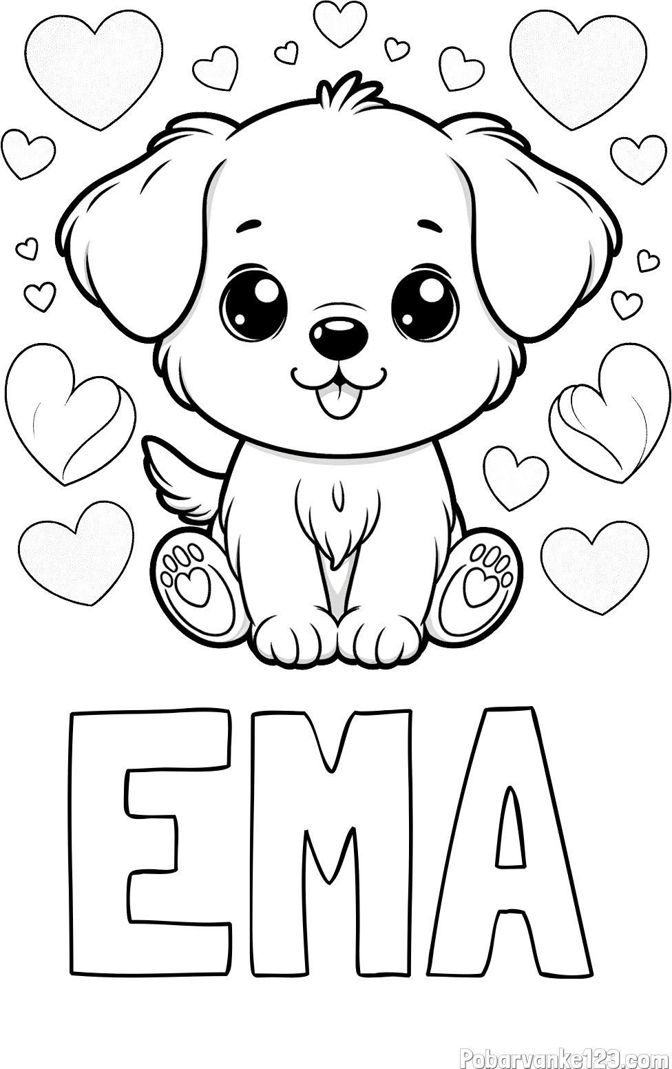 Pobarvanka imena EMA in pobarvanka ljubkega kužka obdanega s srčki