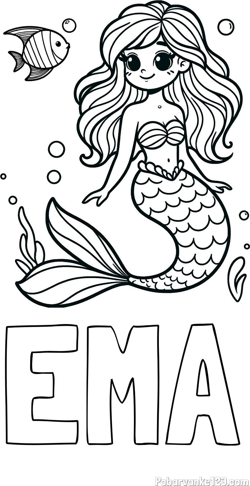 Pobarvanka imena EMA in pobarvanka male morske deklice in ribice