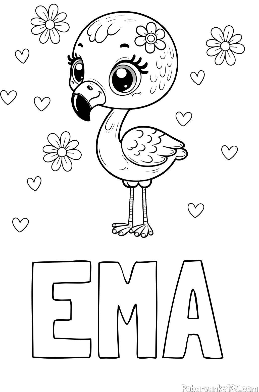 Pobarvanka imena EMA in pobarvanka mladička flaminga z rožicami in srčki