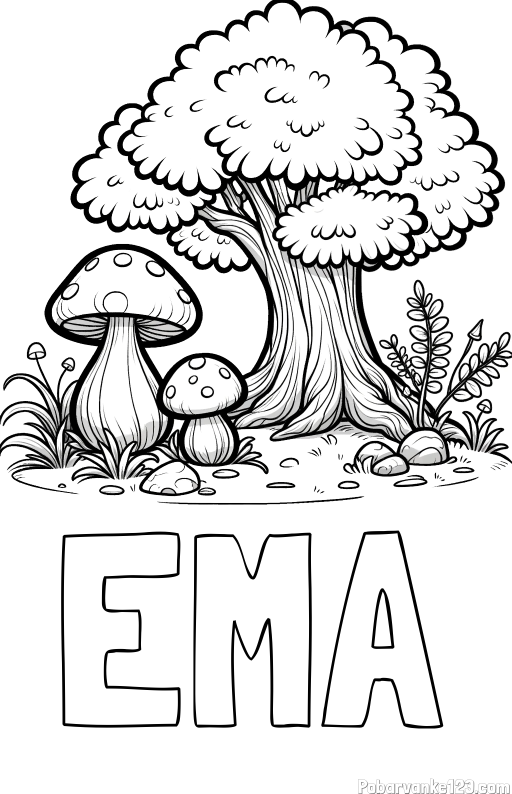Pobarvanka imena EMA in pobarvanka velike gobe ob drevesu