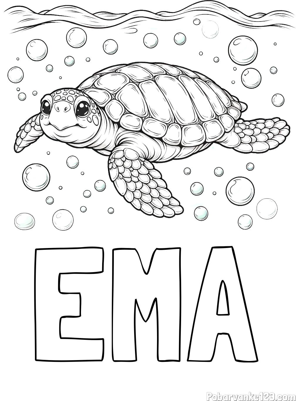 Pobarvanka imena EMA in pobarvanka želve v morju