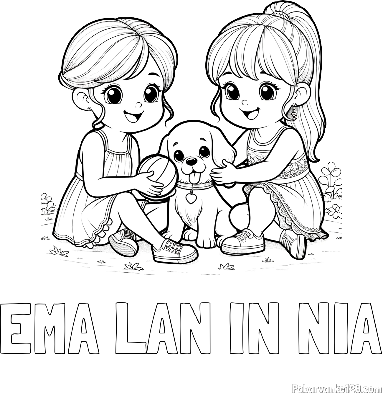Pobarvanka imena EMA LAN IN NIA in pobarvanka prijateljic s kužkom