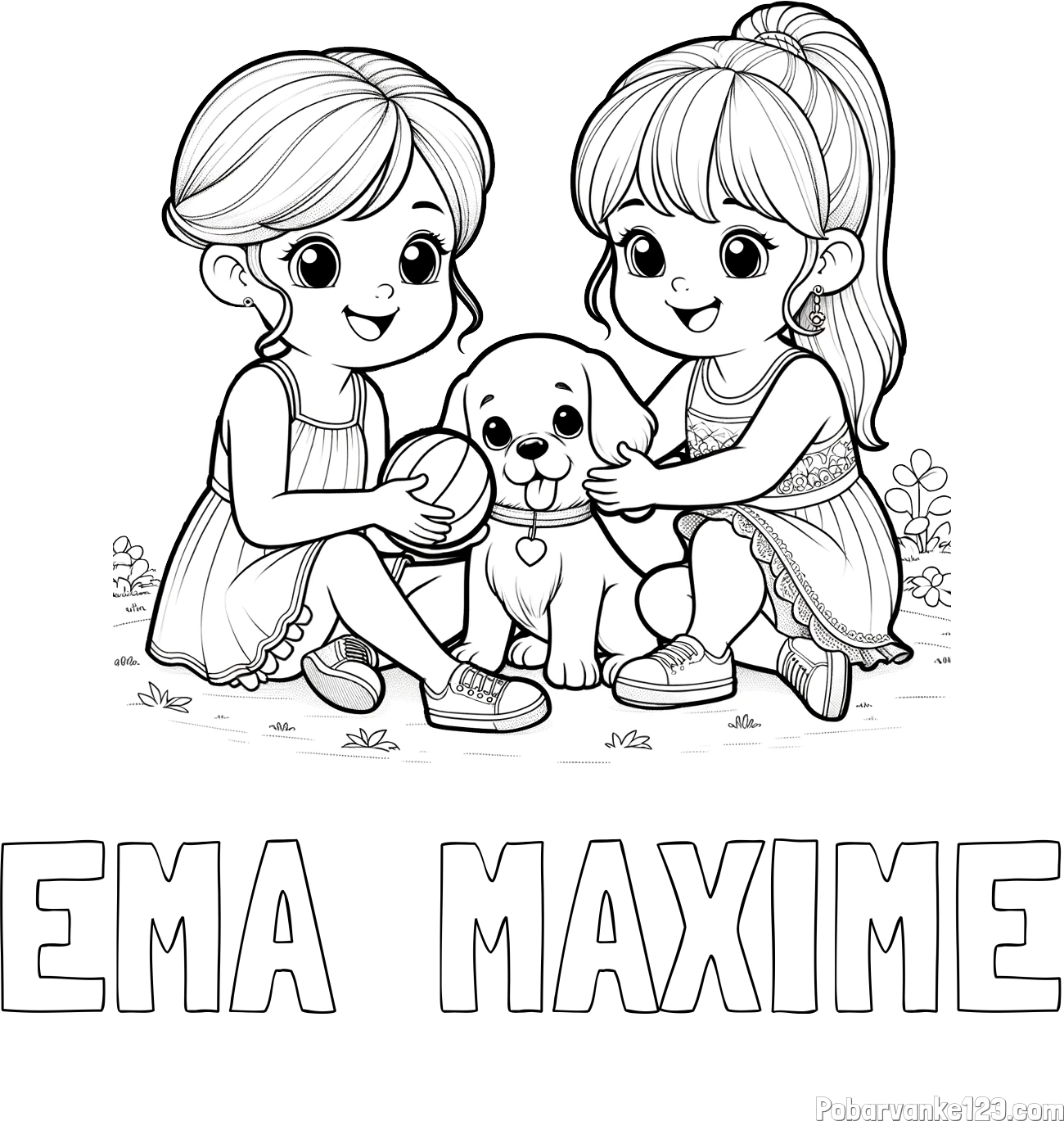 Pobarvanka imena EMA  MAXIME in pobarvanka prijateljic s kužkom