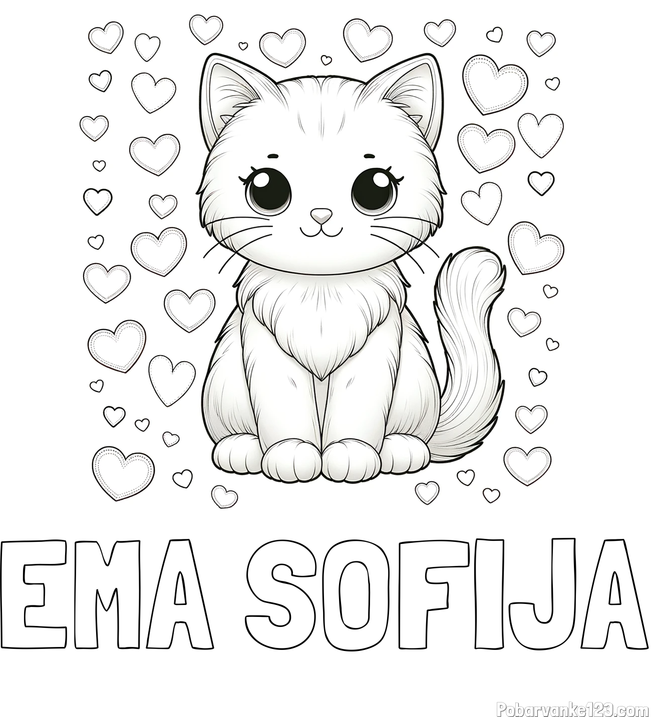Pobarvanka imena EMA SOFIJA in pobarvanka ljubke mucke obdane s srčki