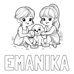 Online izdelana pobarvanka - Pobarvanka imena EMANIKA in pobarvanka prijateljic s kužkom