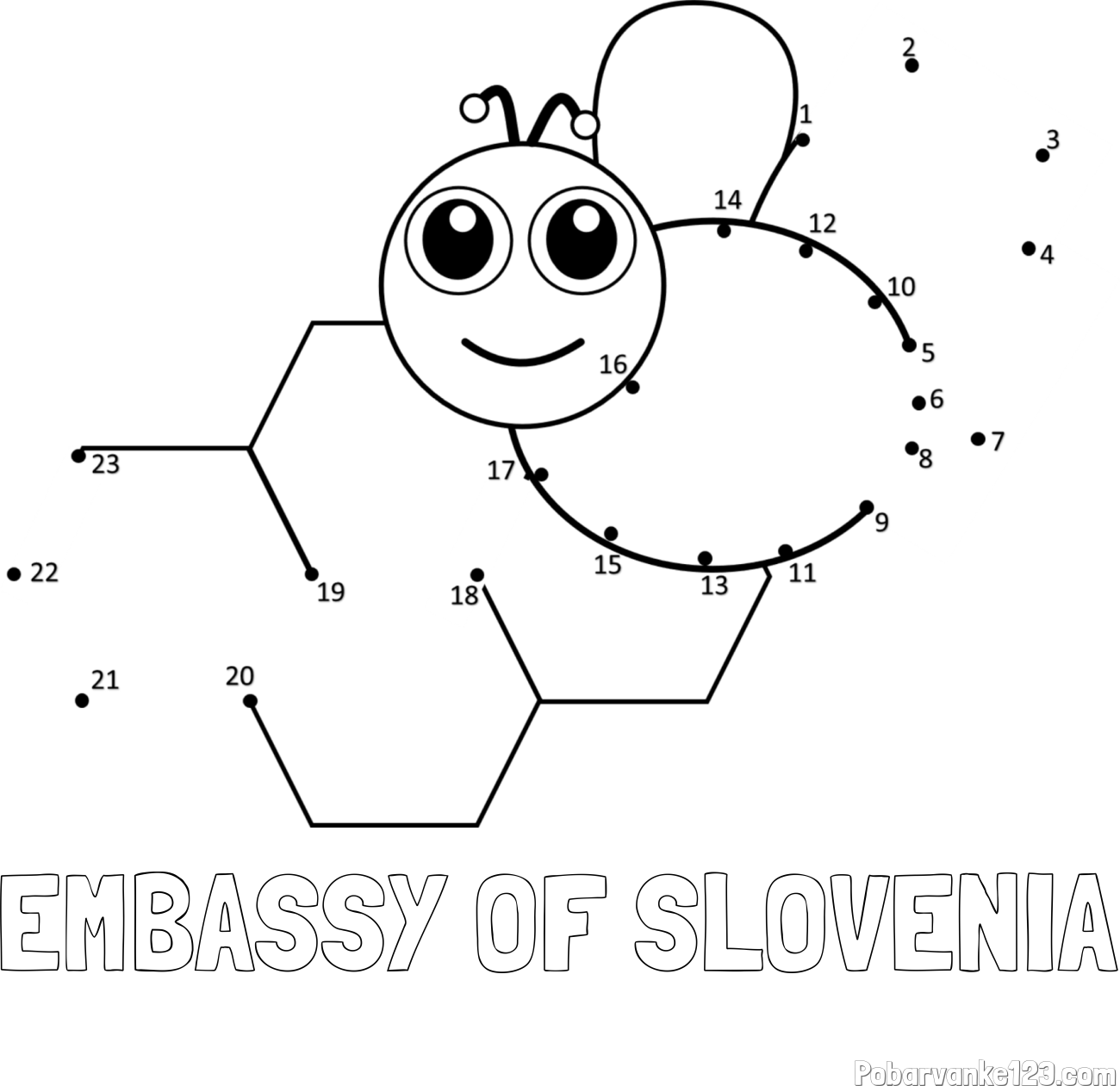 Pobarvanka imena EMBASSY OF SLOVENIA in pobarvanka čebelice in satja - poveži številke