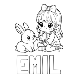 Online izdelana pobarvanka - Pobarvanka imena EMIL in pobarvanka ljubke punčke, ki se igra z zajčkom