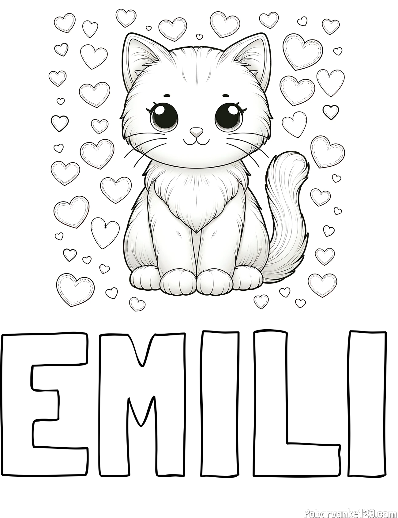 Pobarvanka imena EMILI in pobarvanka ljubke mucke obdane s srčki
