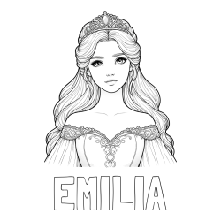 Online izdelana pobarvanka - Pobarvanka imena EMILIA in pobarvanka realistične princese