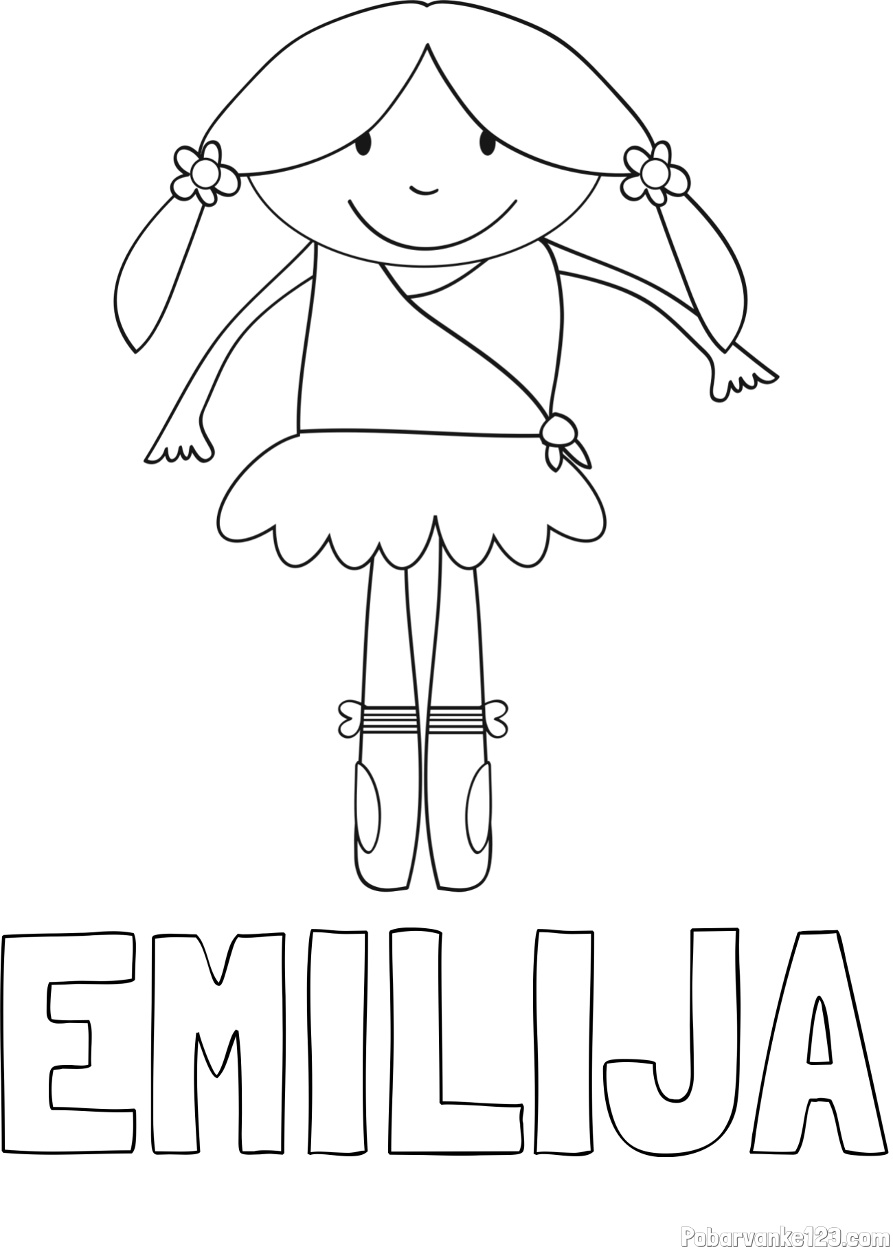 Pobarvanka imena EMILIJA in otroška pobarvanka nasmejane baletke