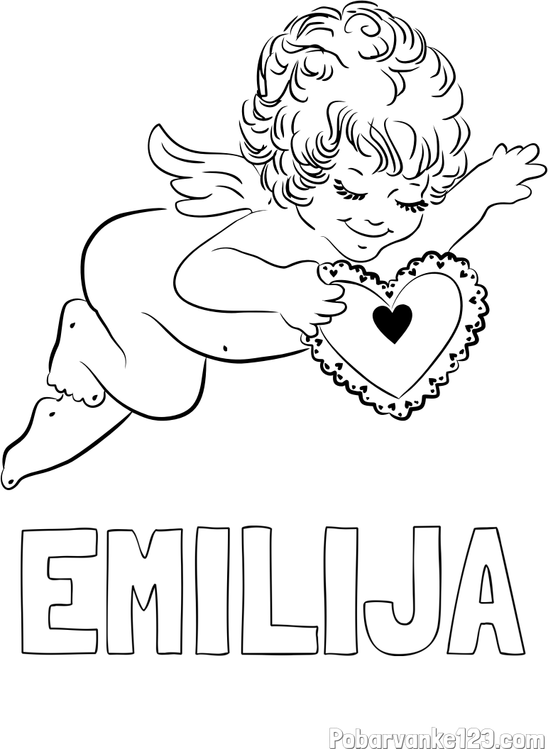 Pobarvanka imena EMILIJA in pobarvanka angela s srčkom