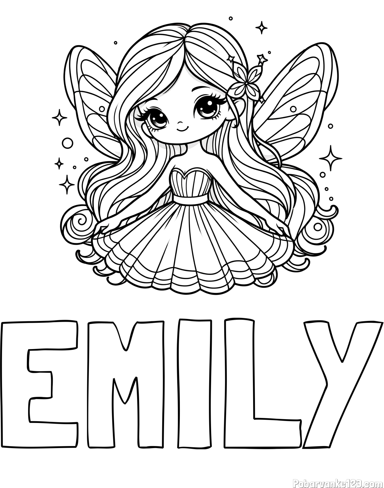 Pobarvanka imena EMILY in pobarvanka ljubke in nasmejane čarobne vile