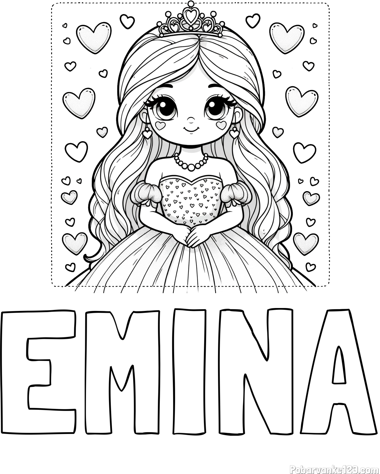Pobarvanka imena EMINA in pobarvanka ljubke princese obdane s srčki