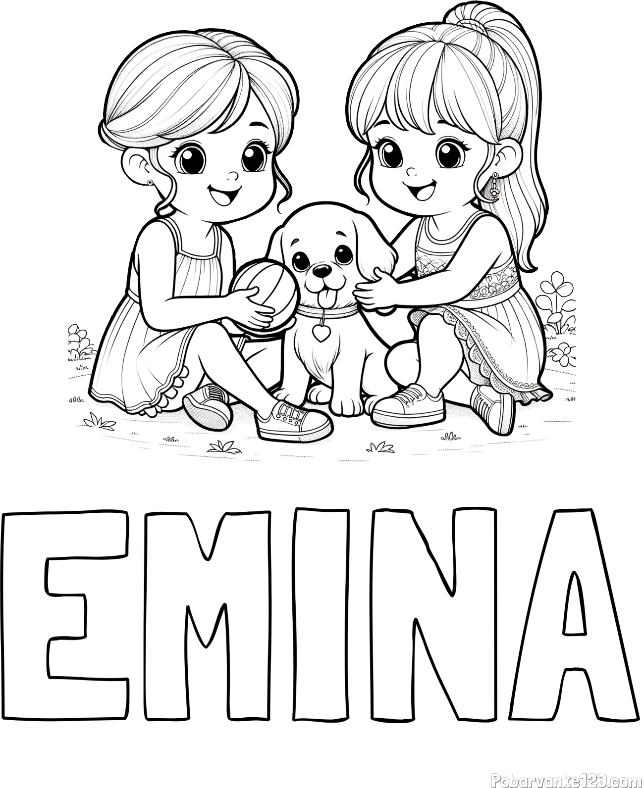 Pobarvanka imena EMINA in pobarvanka prijateljic s kužkom