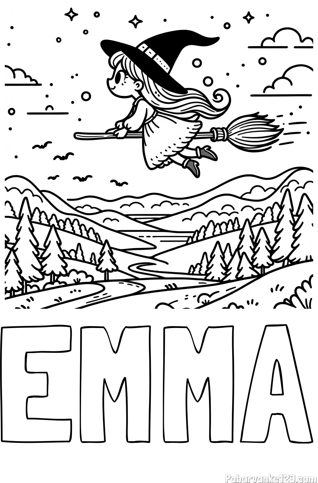 Pobarvanka imena EMMA in pobarvanka čarovnice, ki leti na metli