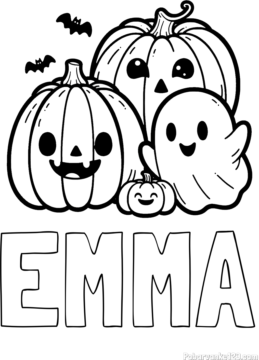 Pobarvanka imena EMMA in pobarvanka duhca in buč za noč čarovnic
