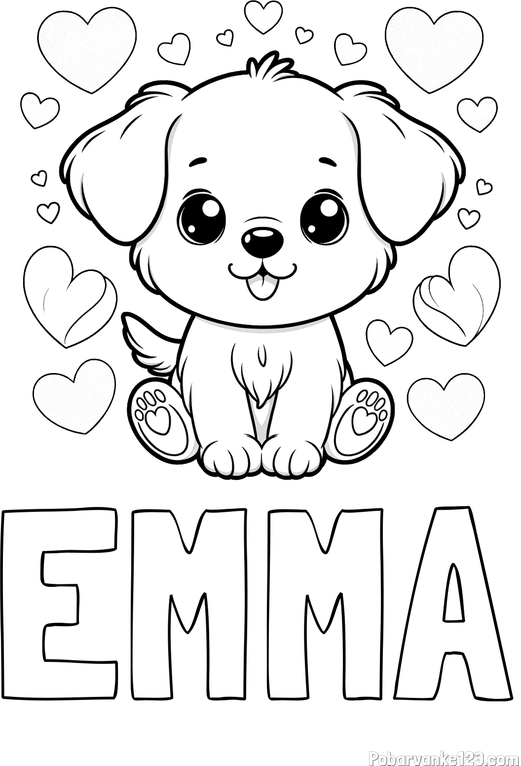 Pobarvanka imena EMMA in pobarvanka ljubkega kužka obdanega s srčki