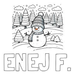 Online izdelana pobarvanka - Pobarvanka imena ENEJ F. in pobarvanka snežaka v naravi obdanega z zasneženimi smrekami