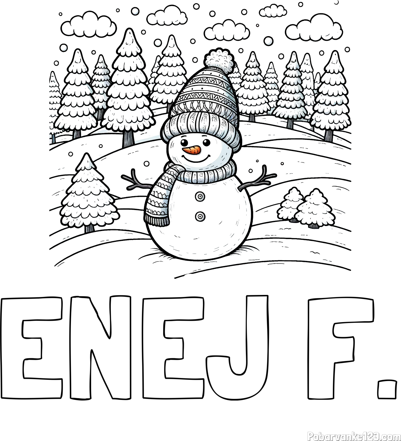 Pobarvanka imena ENEJ F. in pobarvanka snežaka v naravi obdanega z zasneženimi smrekami