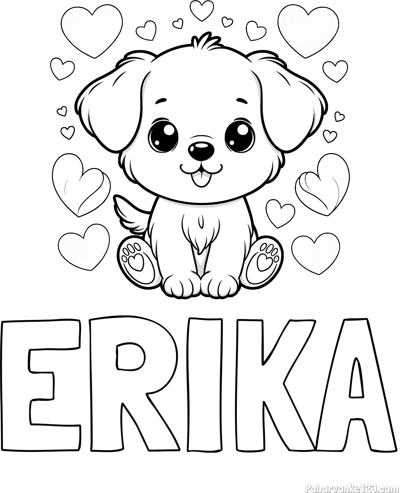 Pobarvanka imena ERIKA in pobarvanka ljubkega kužka obdanega s srčki
