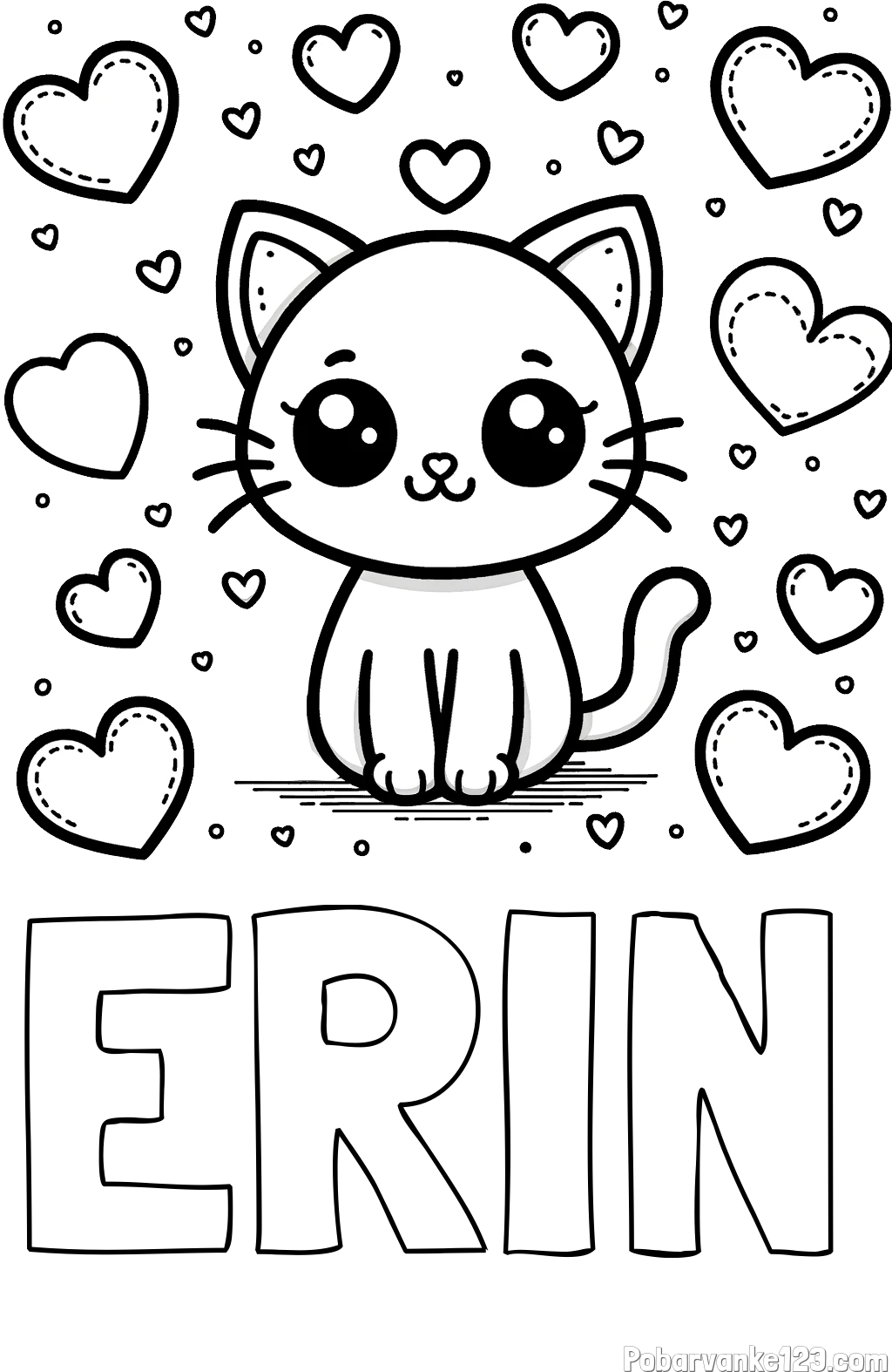 Pobarvanka imena ERIN in pobarvanka ljubke mucke obdane z veliko srčki