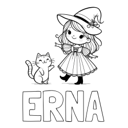 Online izdelana pobarvanka - Pobarvanka imena ERNA in pobarvanka ljubke čarovnice ter podrednega mačka