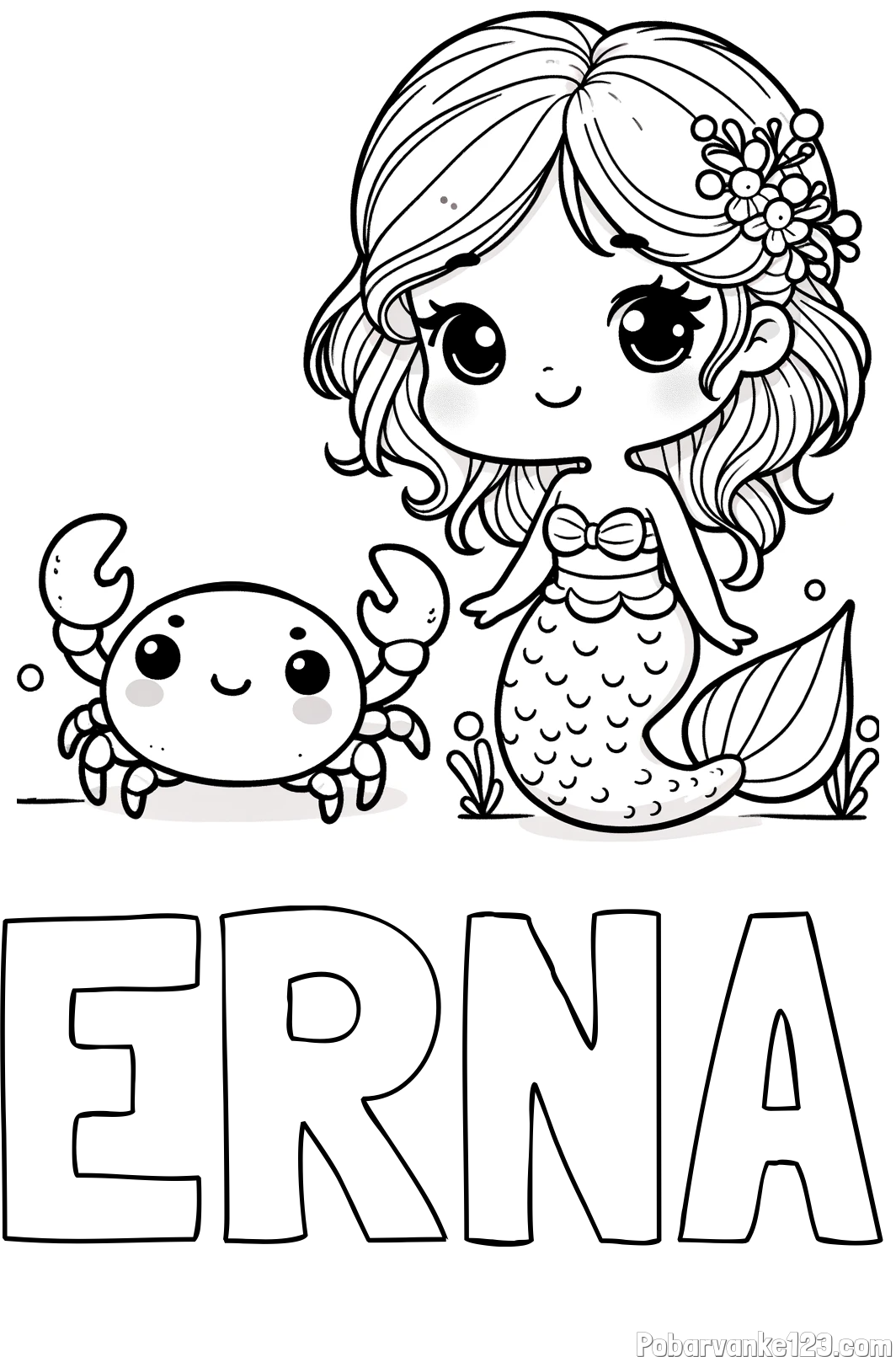 Pobarvanka imena ERNA in pobarvanka ljubke morske deklice in veselega raka