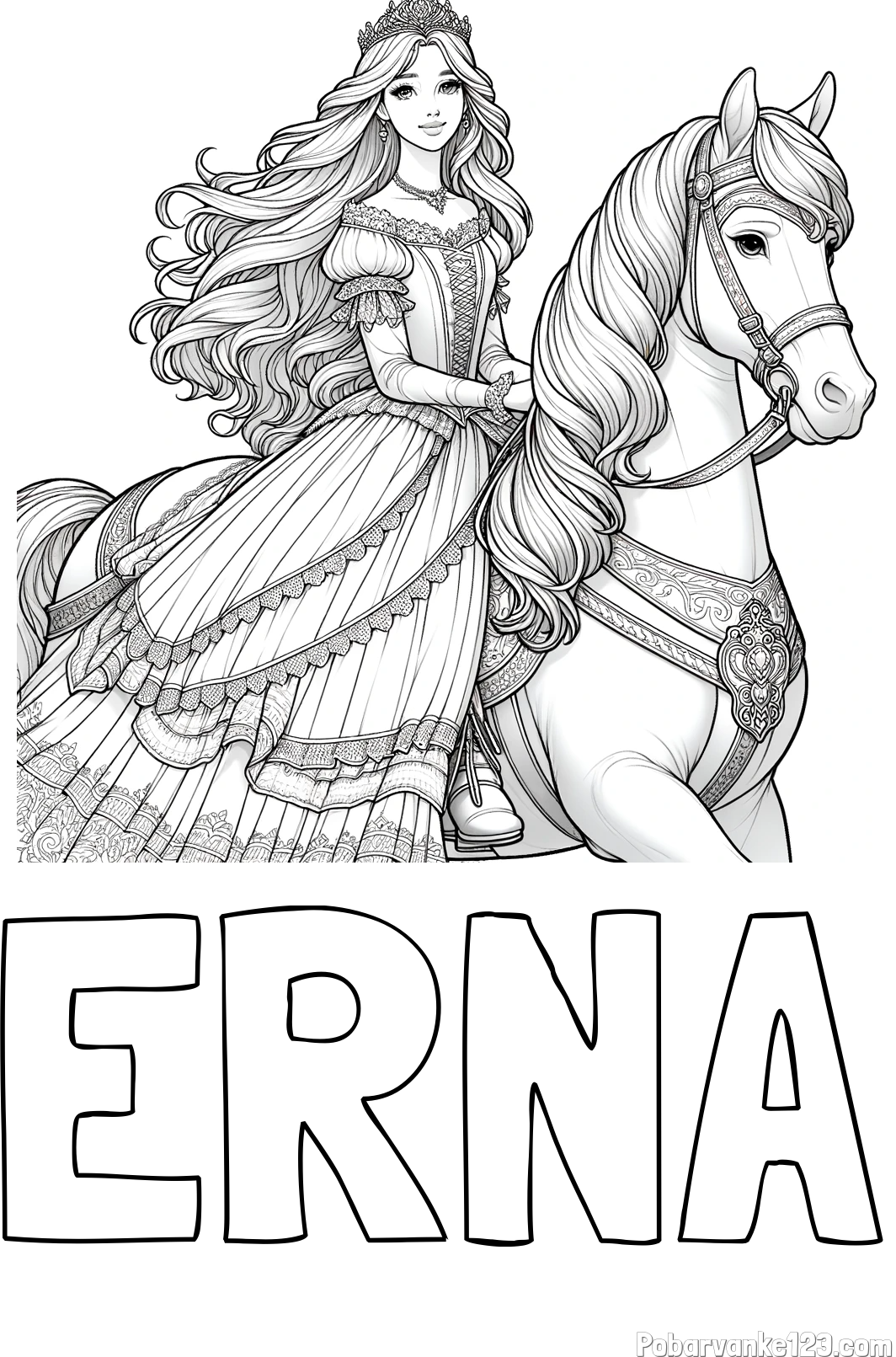 Pobarvanka imena ERNA in pobarvanka nasmejana princese na konju