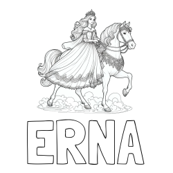 Online izdelana pobarvanka - Pobarvanka imena ERNA in pobarvanka princese na konju