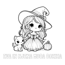 Online izdelana pobarvanka - Pobarvanka imena EVA IN NJENA MUCA ČOKIHA in pobarvanka ljubke čarovnice, muce in buče