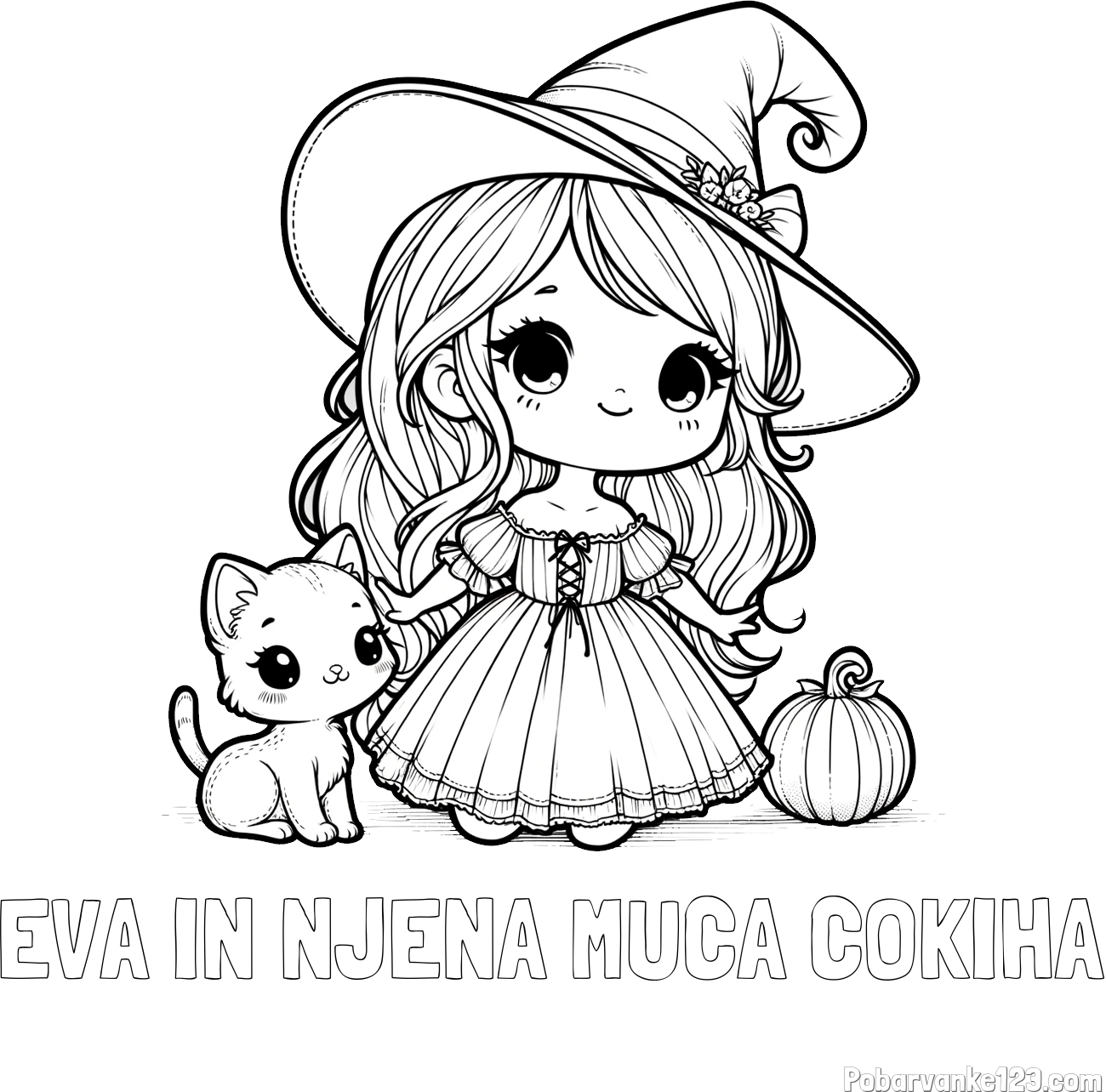 Pobarvanka imena EVA IN NJENA MUCA ČOKIHA in pobarvanka ljubke čarovnice, muce in buče