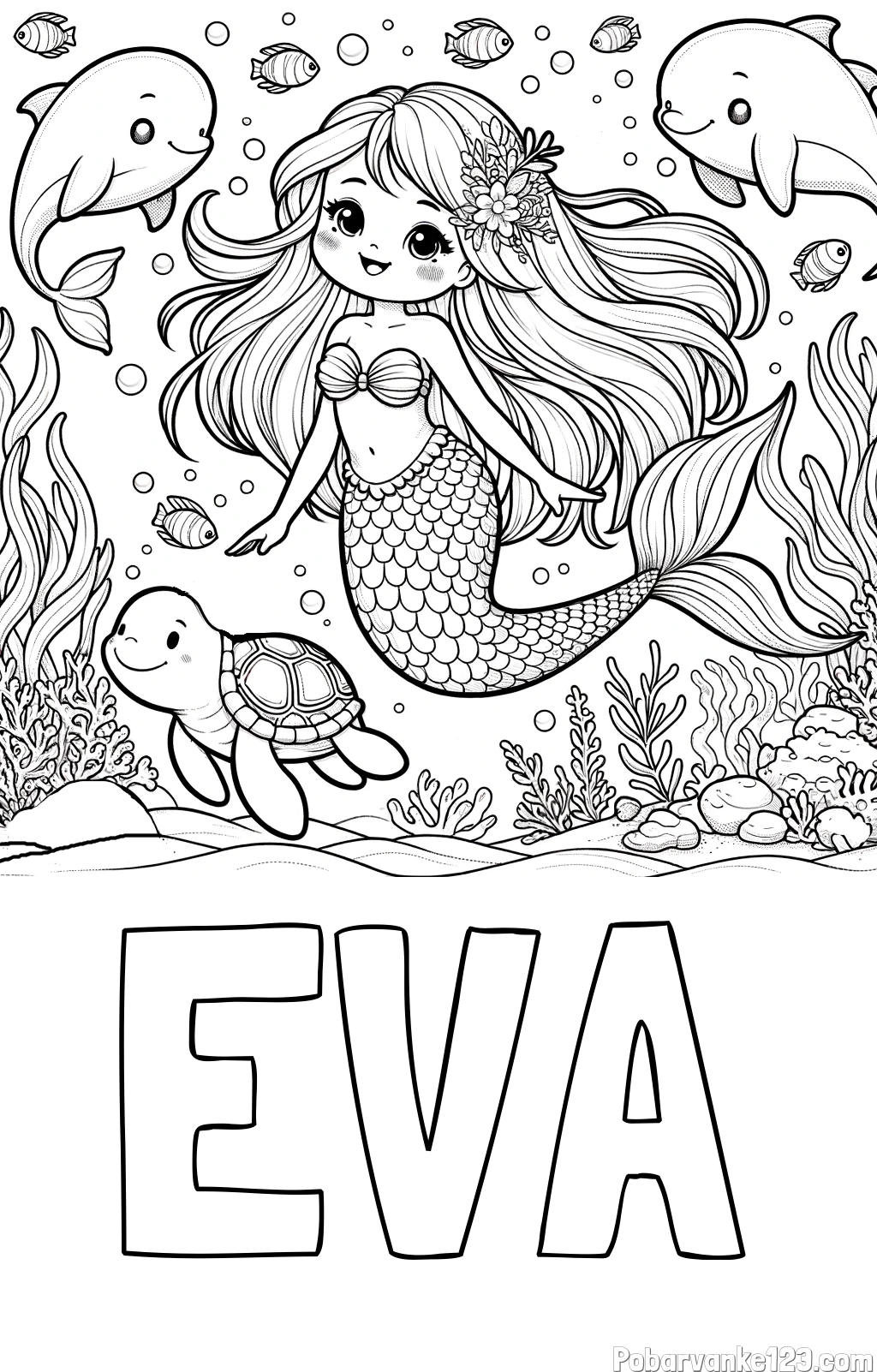 Pobarvanka imena EVA in pobarvana ljubke morske deklice s prijatelji