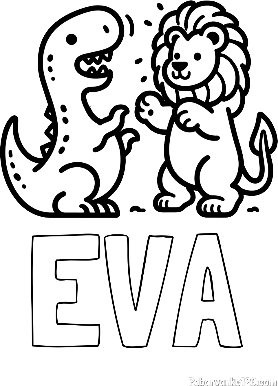 Pobarvanka imena EVA in pobarvanka dinozavra, ki napada leva