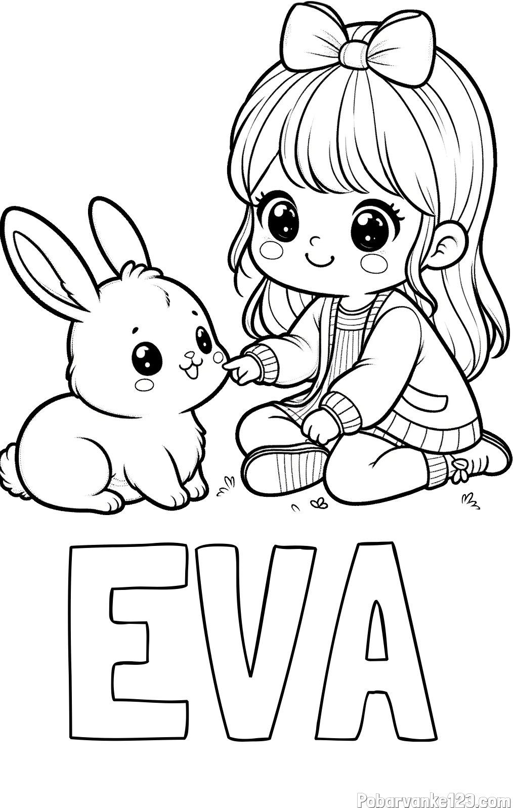 Pobarvanka imena EVA in pobarvanka ljubke punčke, ki se igra z zajčkom
