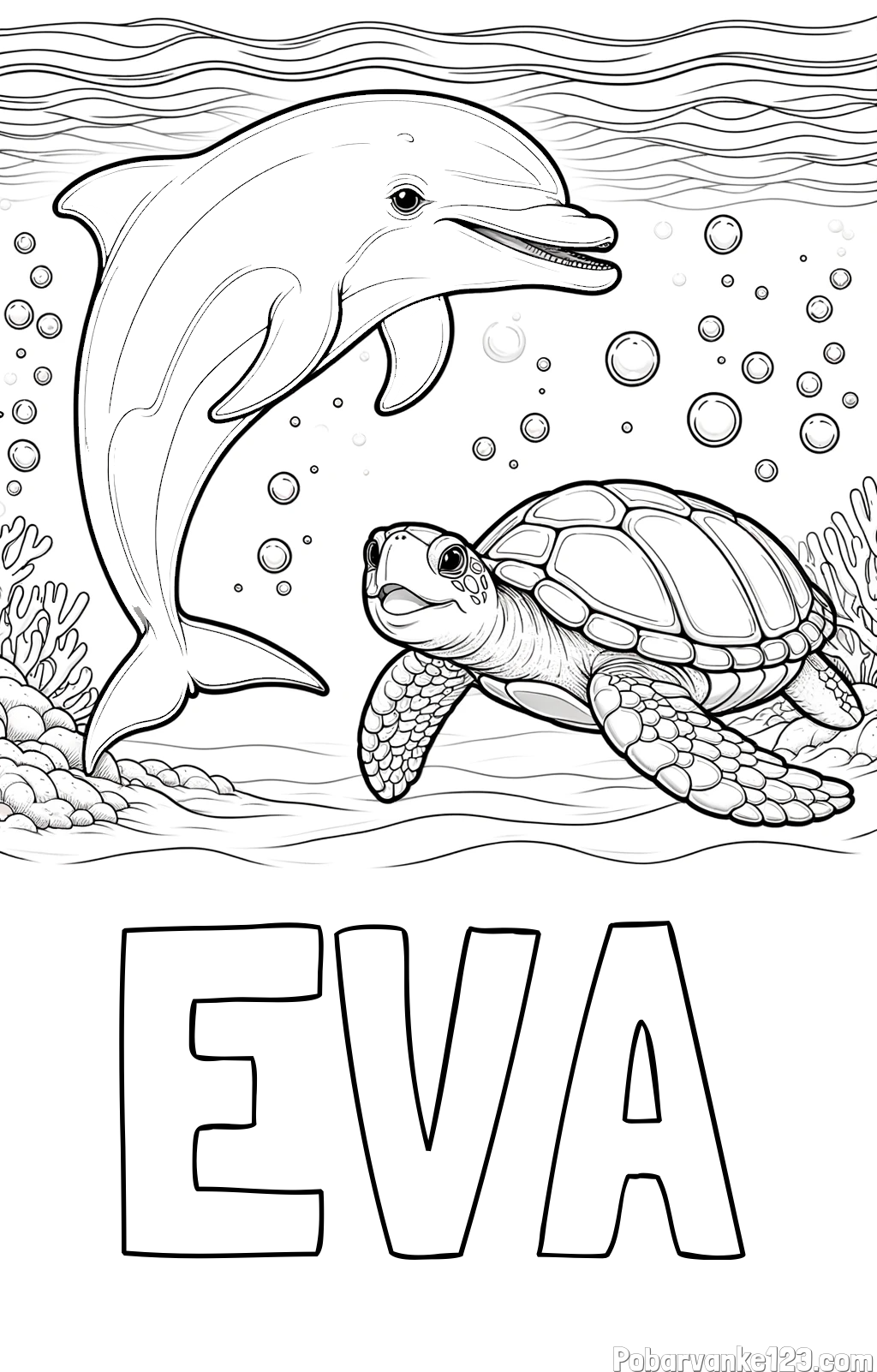 Pobarvanka imena EVA in pobarvanka ljubkega delfina in njegove prijateljice želve