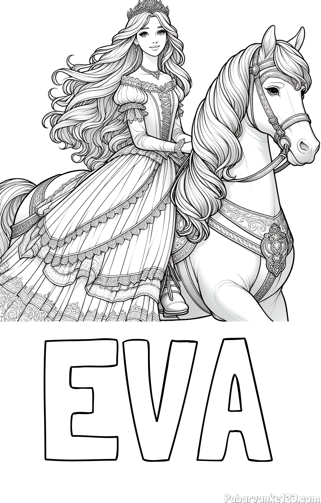 Pobarvanka imena EVA in pobarvanka nasmejana princese na konju