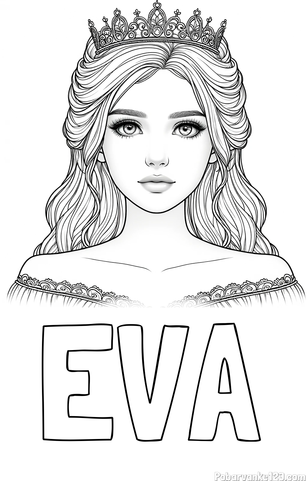 Pobarvanka imena EVA in pobarvanka prikupne princeske s čudovitimi očmi
